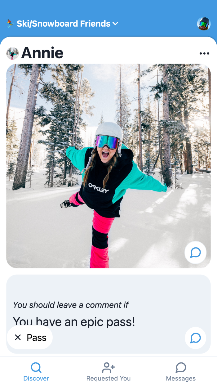 screenshot of a communities page featuring a skiing community and a climbing community